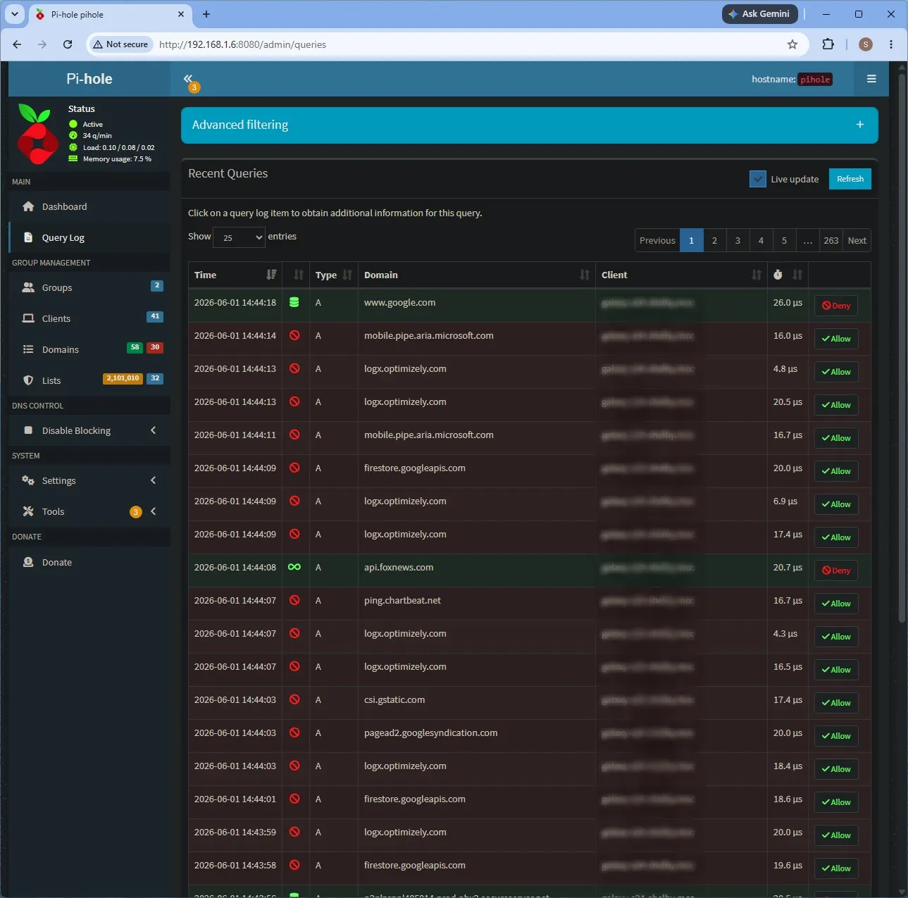Actual screenshot: Pi-Hole log screen