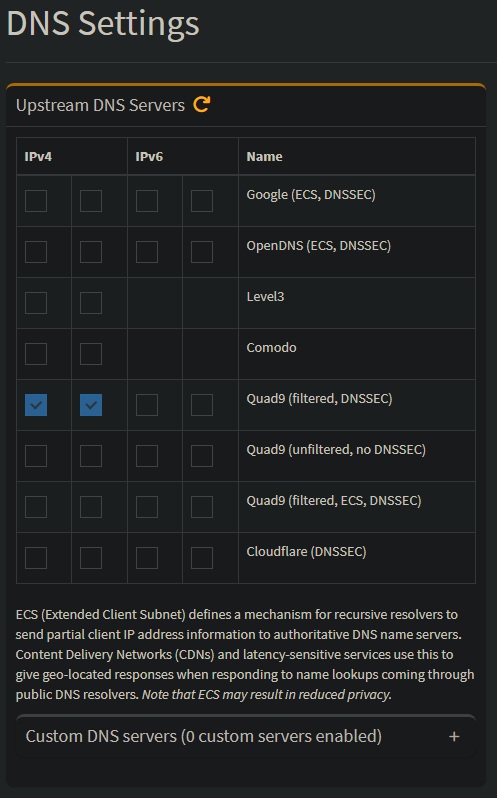 Pi-Hole DNS settings showing Quad9 DNS